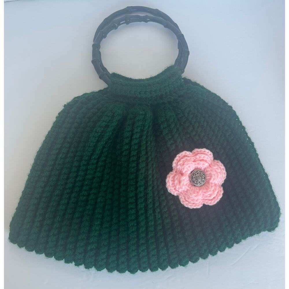 Handmade Knitted Forest Green Pink Flower Wooden Handle Tote Hobo‎ Handbag Purse